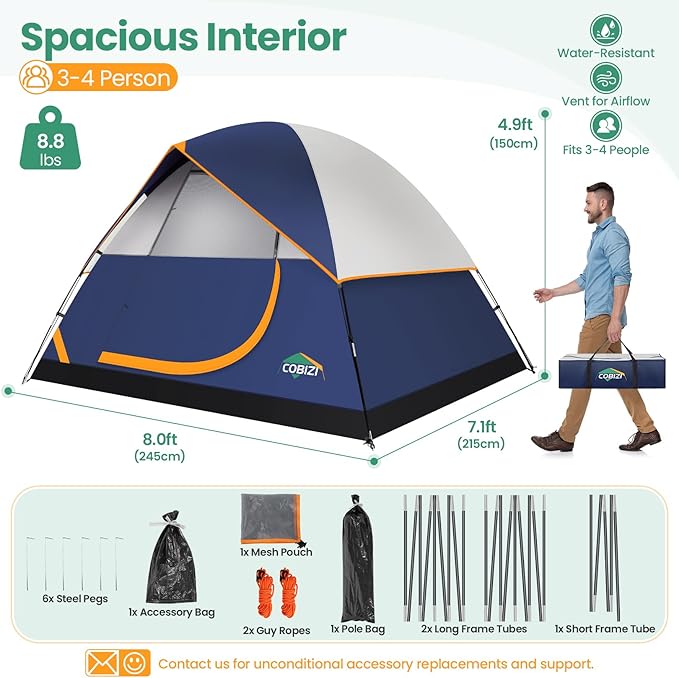 COBIZI 4-6-8-10 Person Camping Tent, Spacious Family Tents for Camping Ideal, Hiking, 3500mm Waterproof Double-Layer Windproof Tent for Hiking & Backpacking