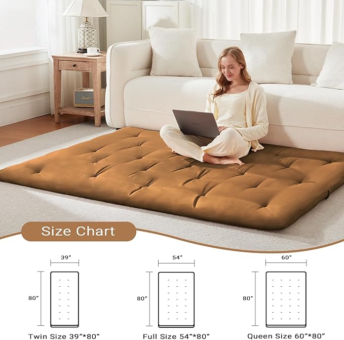 Japanese Floor Futon Mattress Queen Size 60"x 80", Foldable Bed Mattress, Portable Tatami Mat Sleeping Pad, Folding Futon Cushion, Roll Up Floor Lounger for Guest Room Dormitory (Brown)