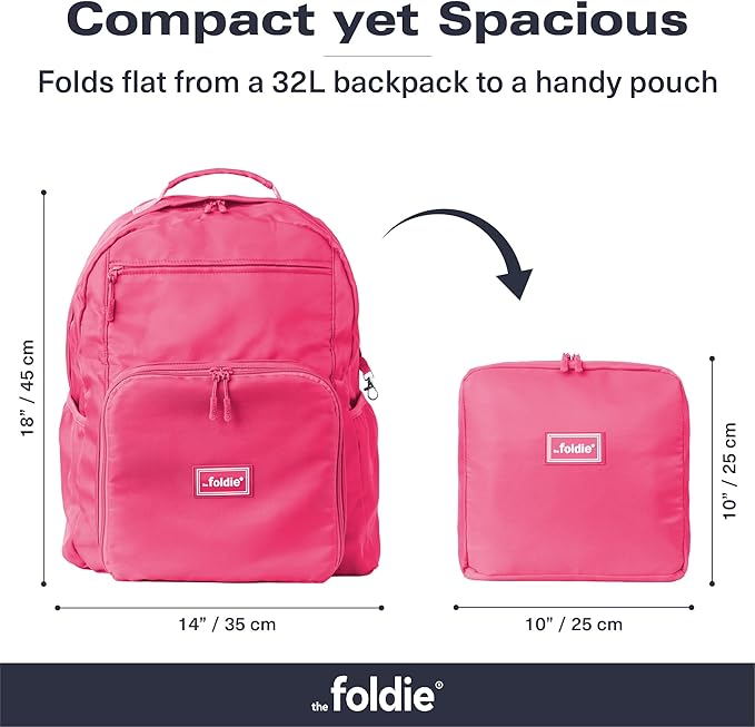 The Foldie Packable Backpack for Travel 32L - Lightweight Foldable Backpacks with Trolly Sleeve & RFID Protection - Water-repellent Casual Daypack Backpacks for Hiking, Camping & Gym - Pink