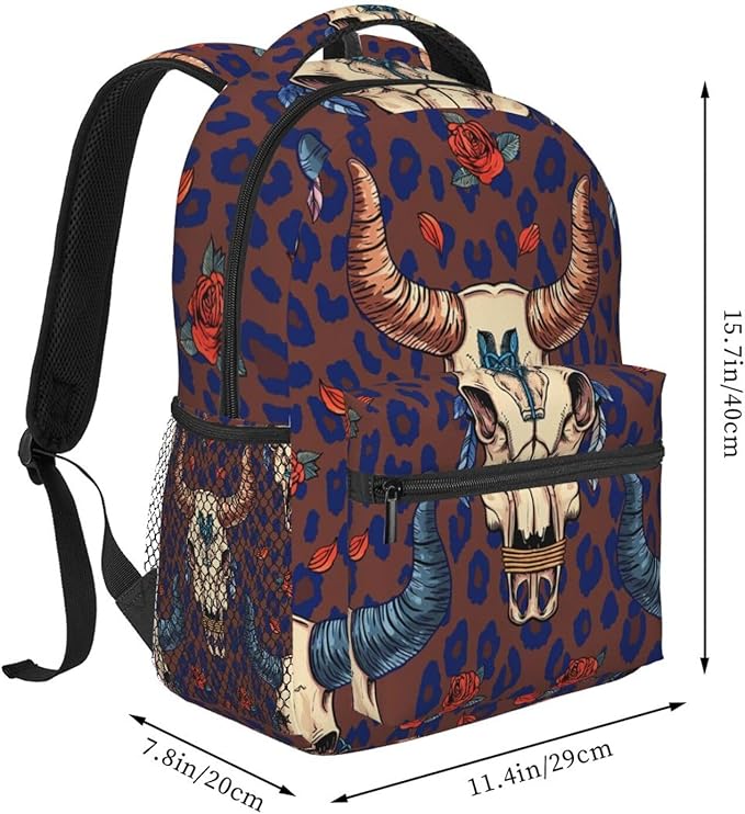 Daypack Bookbag Anti-Theft Multipurpose Large Capacity Bookbag, Cow Skull Daisy Western Design Travel Hiking Camping Rucksack With Adjustable Shoulder Straps