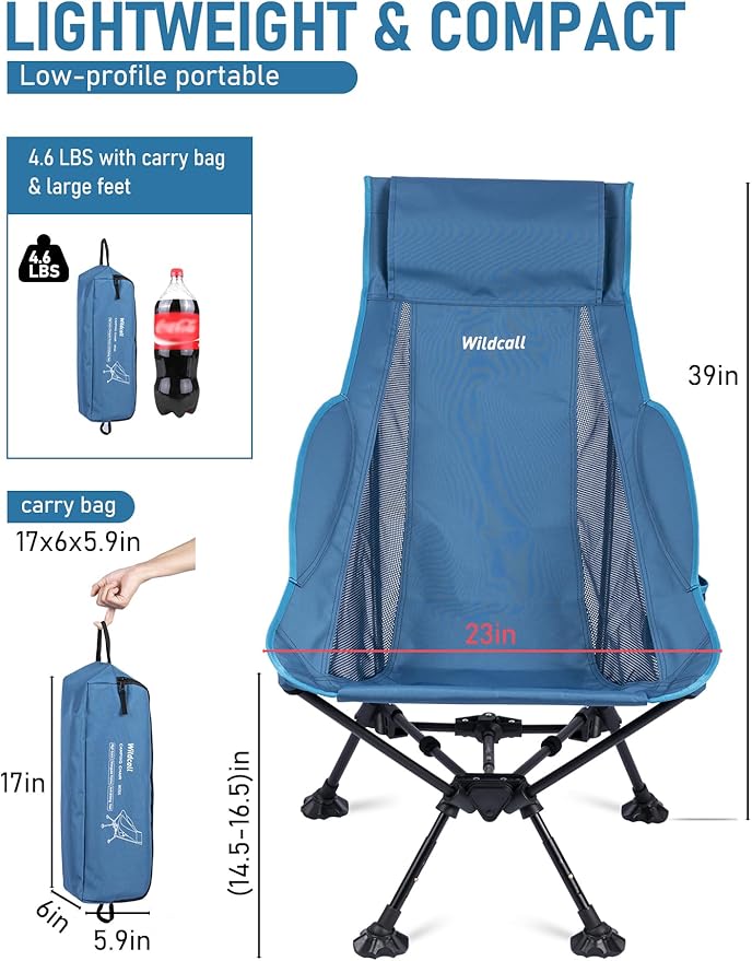 WildCall Lightweight Folding High Back Camping Chair with Head Support, Compact Beach Chair with Anti-Sinking Large Feet and Three Tilt Angles Adjustment