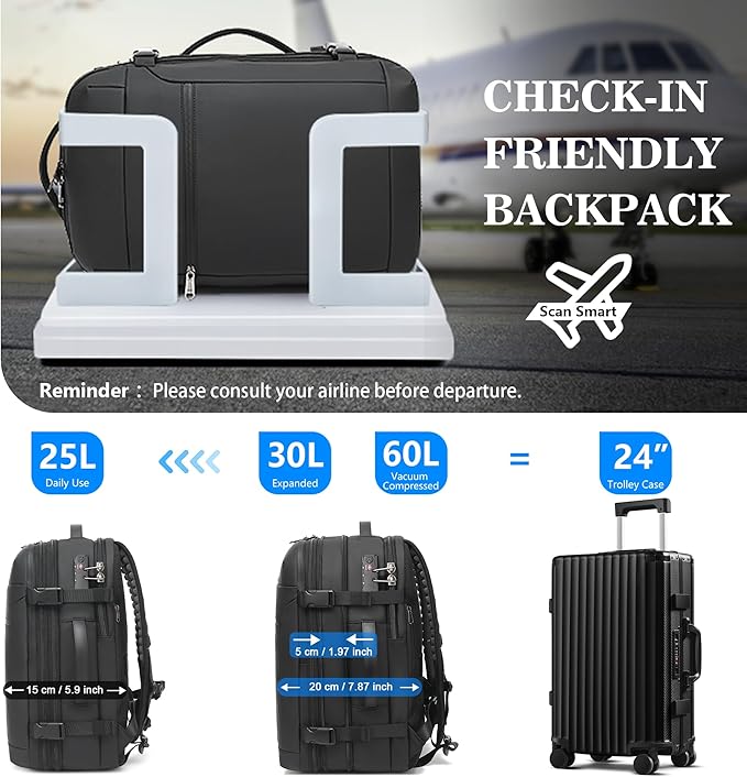 POSO Vacuum Backpack Travel – Expandable Compression Carry On Backpack with Vacuum Pump, Water-Resistant TSA Lock Travel Bag, 17" Laptop Backpack for Men Women, Business Airplane Flight Luggage