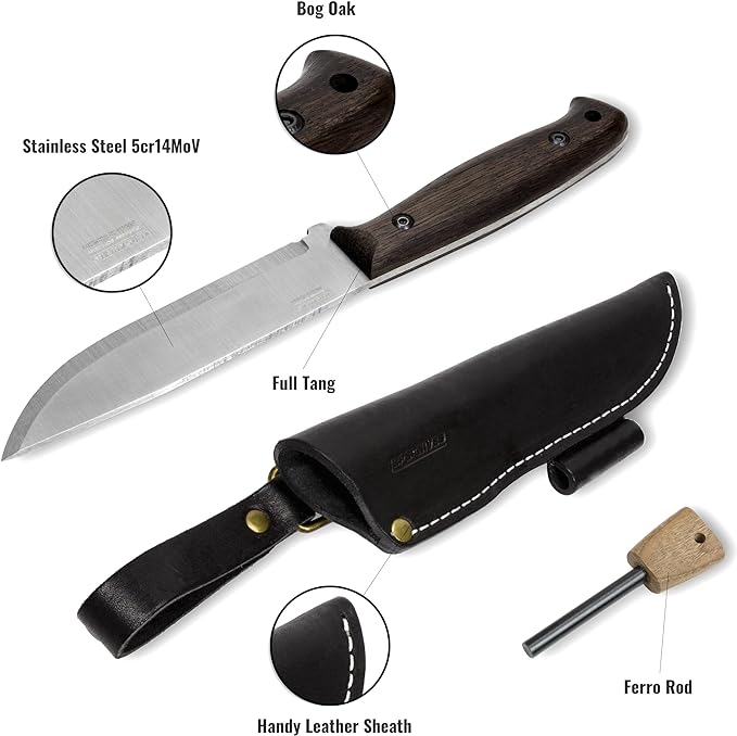 BPSKNIVES Nighthawk Adventurer - Camping Knife - Fixed-Blade Stainless Steel Survival Knife - Black Leather Sheath and Firestarter - Outdoor Full Tang Knives - Bushcraft Knives