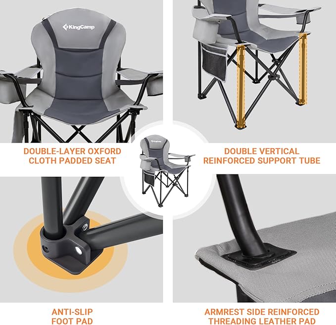 KingCamp Oversized Camping Folding Chair with Lumbar Support, Heavy Duty Ergonomic Padded Arm Chair with Cooler Bag, Cup Holder, Portable for Outdoor