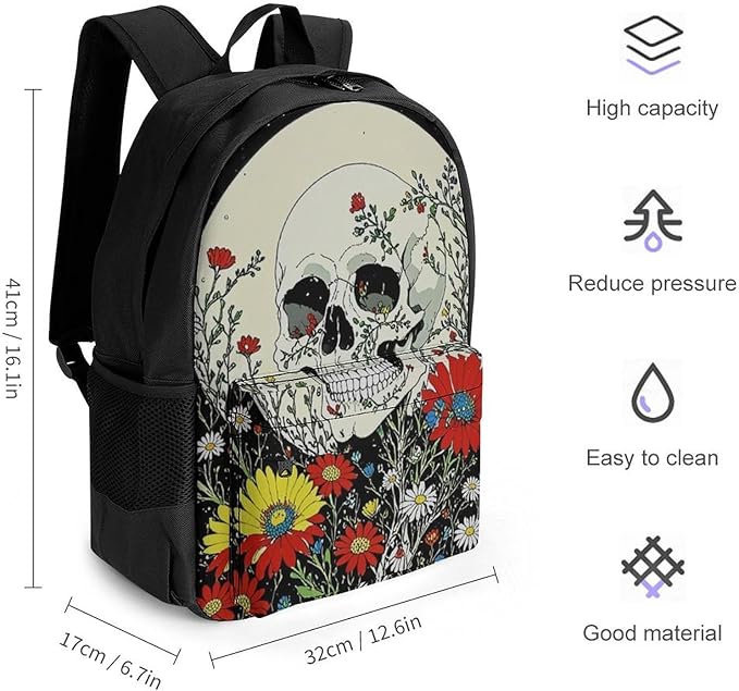 Supdreamc Backpack Lightweight Anti-Theft Multipurpose Psychedelic Skull Skeleton Floral Art Shoulder Bag Large Capacity Travel Hiking Backpack With Padded Straps