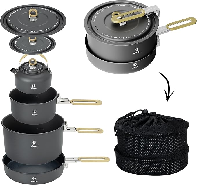 Alocs Camping Cookware, Portable Non-Stick Camping Pan Set with Enhanced Handle, Ideal for Outdoor Kitchen, Picnic, Hiking and Fishing
