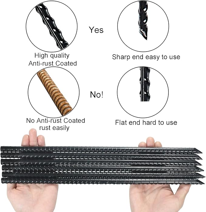 16 Inch Ground Rebar Stakes Heavy Duty Steel Ground Anchors for Outdoor, Straight Metal Stakes with Chisel Point end, Black Powder Coated (24)