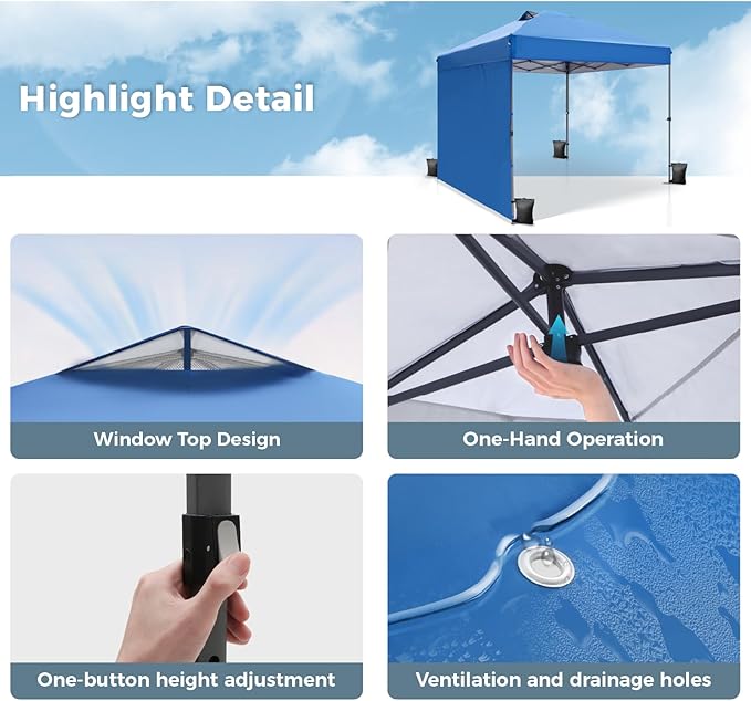 GREEN PARTY Pop Up Canopy Tent 10x10 with 1 Sidewall and 6 Pockets, One Push Set Up Ootdoor Instant Tent Canopy with Vented Roof, & Wheeled Carry Bag for Patio Camping Beach, Blue
