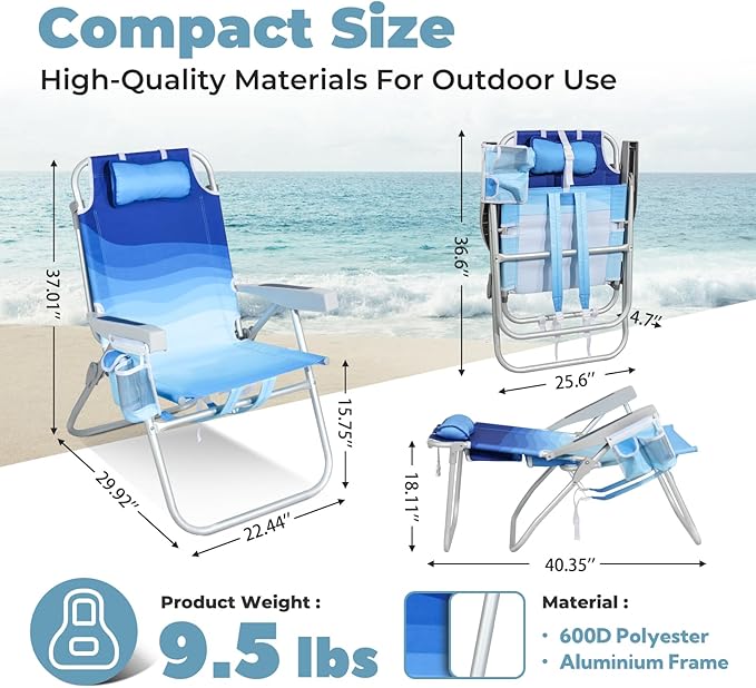 Tall Beach Chairs for Adults – 5-Position Reclining Backpack Chair with Large Insulated Cooler & Storage Pocket, Aluminum Frame, Portable for Travel & Outdoor, Supports 300lbs, Wave Blue