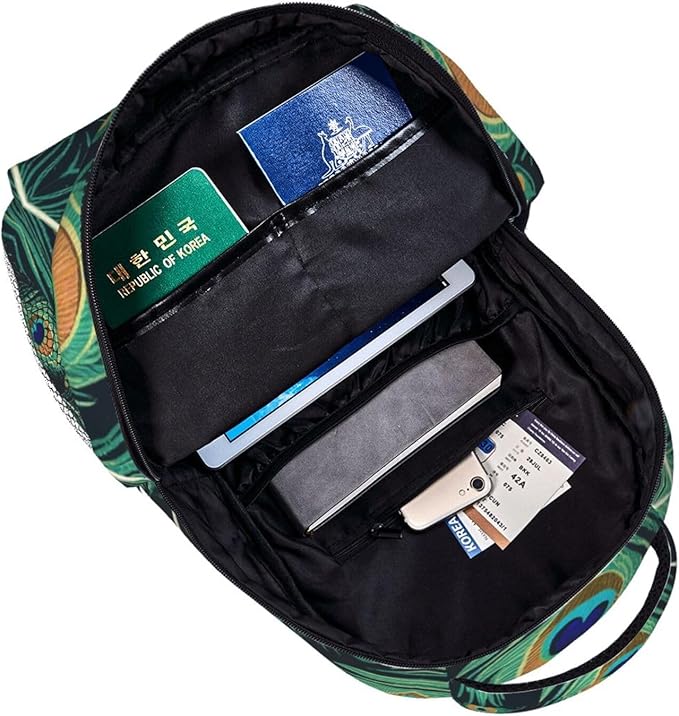 Women Men Polyester Chic Animal Beautiful Peacock Feather Green Art Casual Daypack Large Capacity Bookbag With Side Pockets for Sports Picnic Walking Cycling