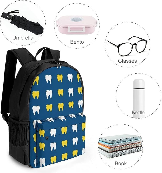 Supdreamc Men Women Lightweight Teeth Molars Dental Blue Backpack Large Capacity Bookbag With Smooth Zippers for Gym Business Running