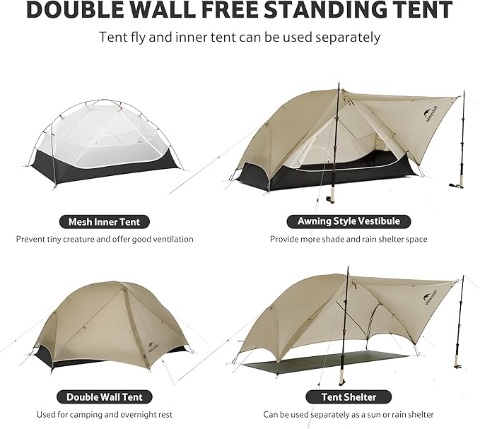 Naturehike Mongar UL 1-2 Person Backpacking Tent,15D Nylon Waterproof Ultralight One Person Two Person Tent with Footprint