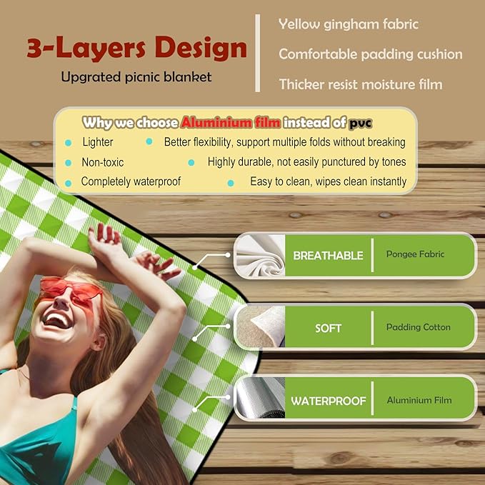 Picnic Outdoor Blankets, Extra Large 79x79in Beach Blanket, Thick 3-Layers Camping Waterproof Mat for Camp Hiking Park, Portable Foldable Rug for Family-Green, Sandproof & Machine Washable