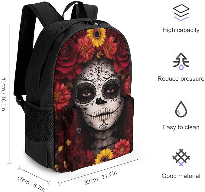 Backpack Multipurpose Anti-Theft Large Capacity Bookbag, Mexican Day Of The Dead Sugar Skull Floral Women Art Travel Hiking Daypack With Side Pockets