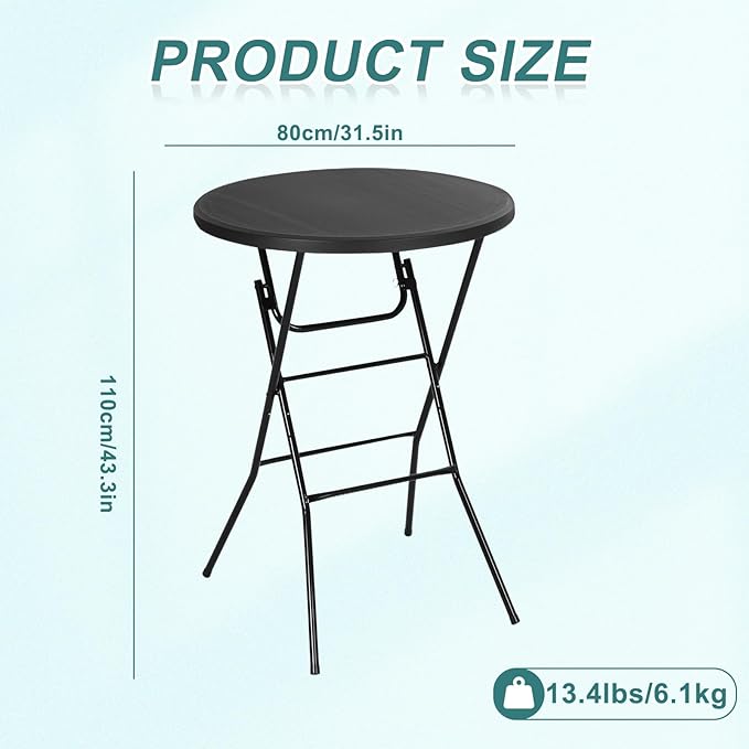 Nice C Plastic High Top Round Table, Portable Cocktail Bar Table with Detachable Legs, 31.5" Folding Tables, Waterproof Outdoor/Indoor Tables for Parties, Weddings, Camping, Backyard (Black, 1 Pack)