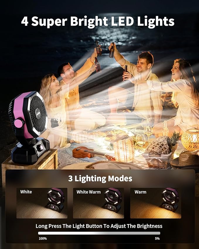coldSky 𝟮𝟬𝟬𝟬𝟬𝗺𝗔𝗵 Camping Fan with Dual Motor, Battery Operated Fan with 4 LED Lantern, 8 Speeds Desk Fan with Remote, Portable Outdoor Fan with Hook for Tent, Power Outages, Jobsite (Pink)