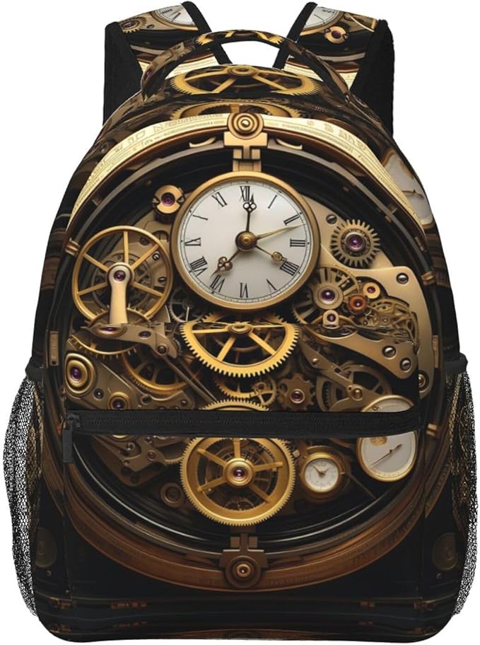 Men Women Lightweight Cool Steampunk Gears Art Daypack Bookbag Big Capacity Carry On Bag With Side Pockets for Camping Travel Bicycle