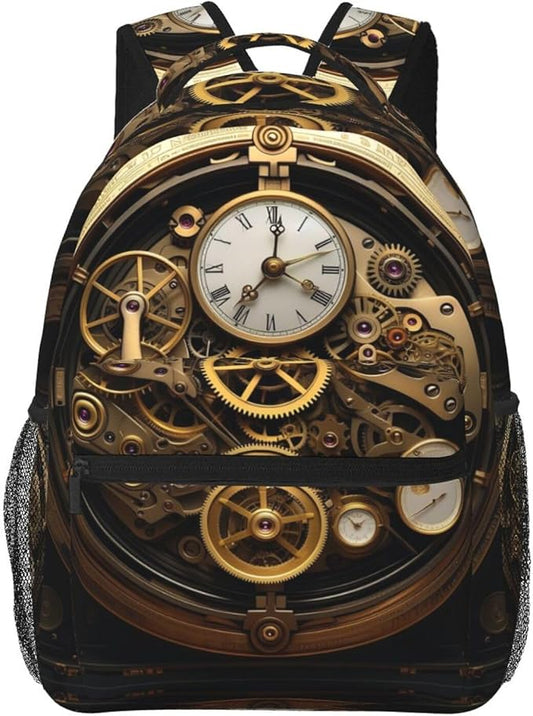 Men Women Lightweight Cool Steampunk Gears Art Daypack Bookbag Big Capacity Carry On Bag With Side Pockets for Camping Travel Bicycle