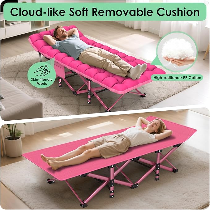 Suteck Camping Cot, Folding Camping Cot Bed for Adults Sleeping 1200D Double Layer Oxford Portable Folding Outdoor Cots for Camping W/Soft Pad Carry Bag for Home Office Nap Beach Travel, 500LBS,