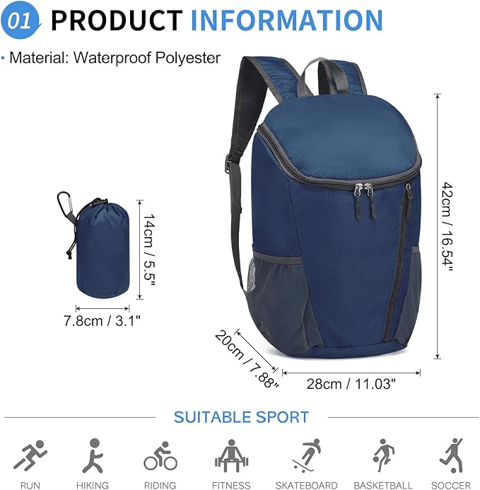 Hiking Backpack, 20L Packable Daypack for Men Women, Nylon with Adjustable Straps, Lightweight Waterproof Outdoor Camping Travel, Blue
