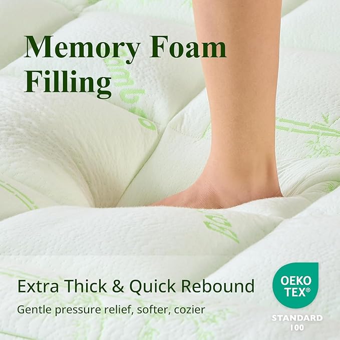 Memory Foam Mattress Topper - Viscose Made from Bamboo Pillow Top Thick Twin Size Mattress Pad for Back Pain, Ultra Soft & Cooling for Hot Sleepers, 6-18'' Deep Pocket, Green