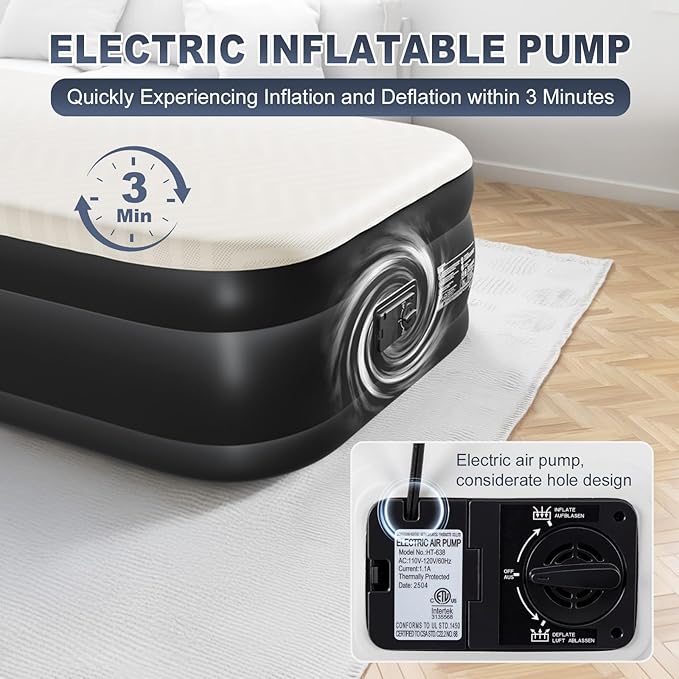 Outvita 18in Queen Air Mattress with Built-in Pump, Quick Assembly Comfort Blow Up Sleeping Mat for Guests and Home, Camping, Travel, Air Bed 650lbs Weight Capacity (75 * 39 * 18in)