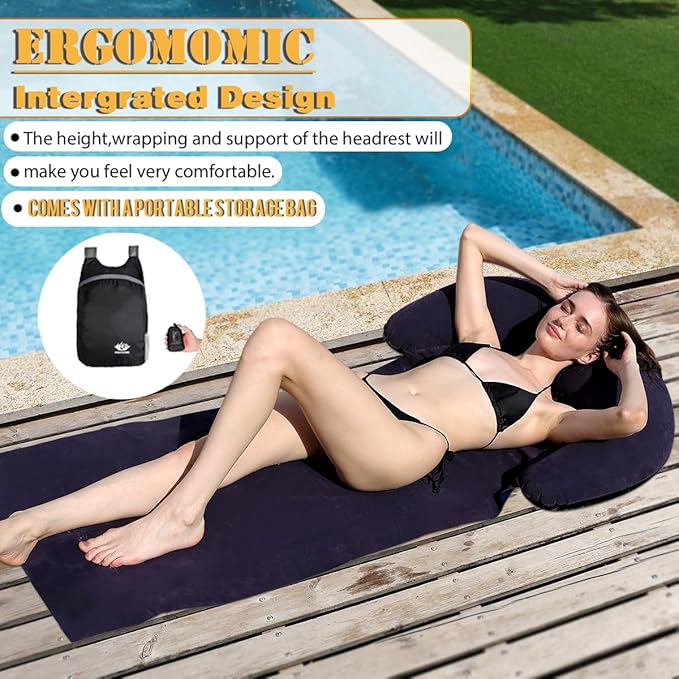 Inflatable Beach Mat Lounge Chair, Outdoor Sunbathing Sleeping Pad with Inflatable Pillow, Portable Flocking Beach Lounge Chair, Suitable for Lawn, Outdoor Camping, Travel, Beach Vacation (Navy)