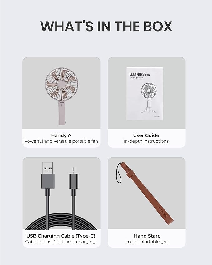 Claymore Handy A (Gray) Portable Handheld Fan – BLDC Motor Foldable, 4,900mAh Rechargeable, USB-C Charging, 3 Speed Settings Function Personal Fan for Travel, Outdoor & Indoor Use.