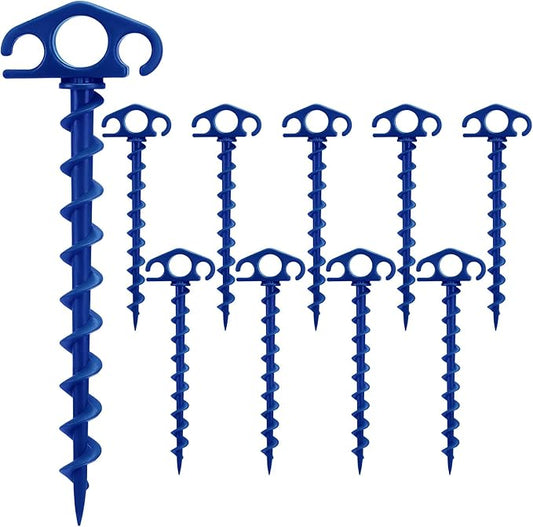 Tent Stakes Ground Anchors Screw in, 10 Pack Sand Stakes for Beach 9.4 Inch Heavy Duty Spiral Tent Pegs for Camping, Party, Hiking, Outdoor Decoration (10, Blue)