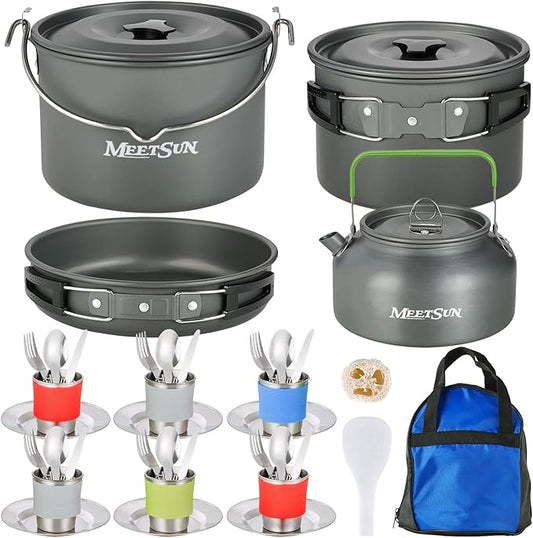 MEETSUN Camping Cookware Set - 37 PCs, Large Size Hanging Pot with Camping Pots and Pans, Camp Cooking Set for 6 People, Mess Kit with Cups, Dishes, Forks, Spoons, Knives for Outdoor Picnic