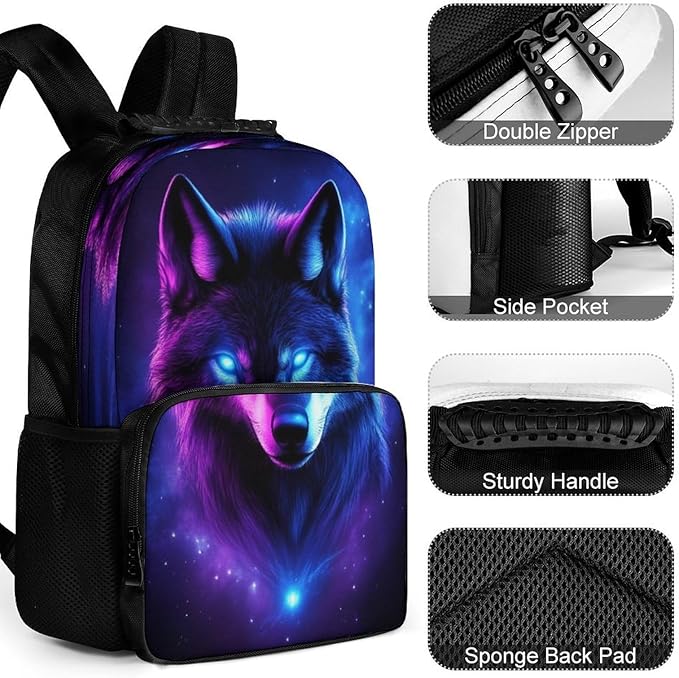 Daypack Backpack Polyester Anti-Theft Multipurpose Purple Universe Galaxy Magic Wolf In The Space Bookbag Big Capacity Travel Hiking Camping Rucksack With Smooth Zippers