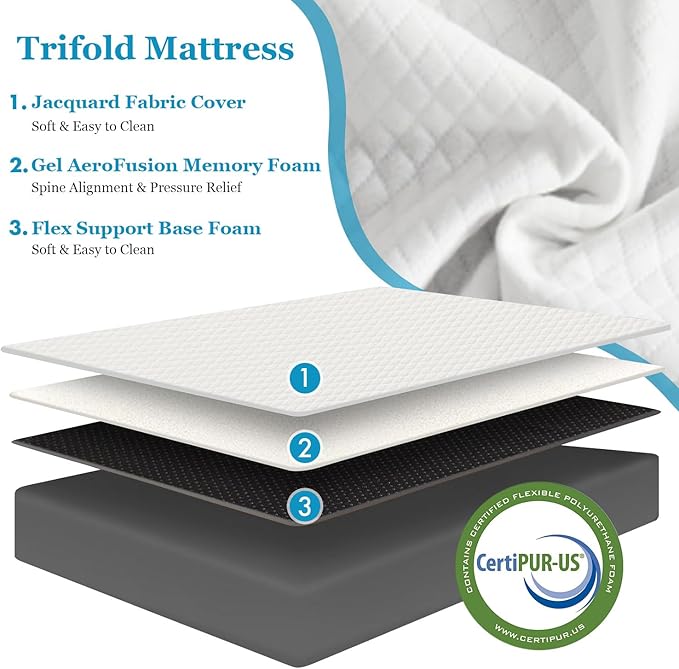 Folding Mattress, 3 inch Tri-Fold Memory Foam Mattress Topper for Camping, Foldable Guest Bed, Portable Travel Mat with Washable Cover, 80"×60"×3", White