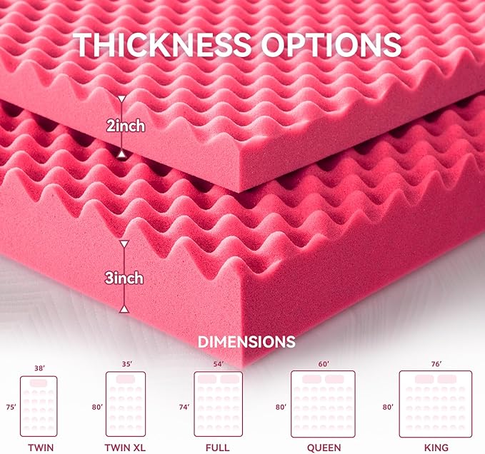 SINWEEK 3 Inch Egg Crate Memory Foam Mattress Topper Twin XL, Twin Extra Long Mattress Pads for College Dorm Single Bed, Pressure Relieve CertiPUR-US Certified,39x80 Inches, Pink