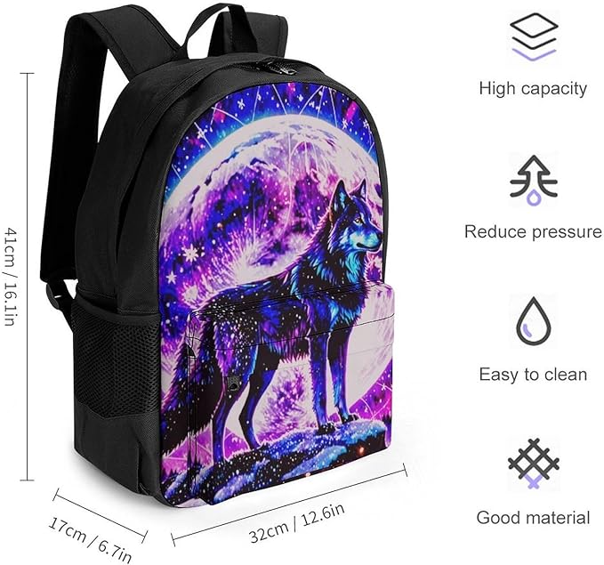 Supdreamc Polyester Daypack for Camping Travel Walking Cycling, Big Capacity Anti-Theft Multipurpose Bookbag, Neon Sky Moon Wolf Camping Outdoor Backpack