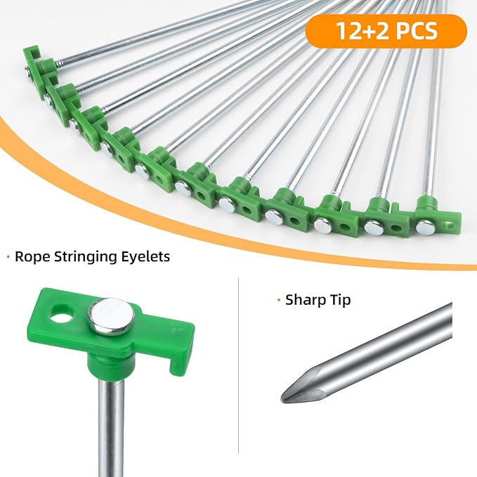 12+2PCS Tent Stakes Heavy Duty Camping Stakes,AVOFOREST 9.8inch Non-Rust Metal Tent Pegs Ground Stakes Tent Spikes Camping,Garden,Hiking Green