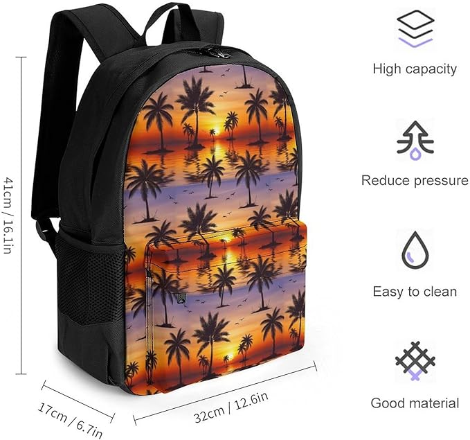 Rucksacks Polyester Anti-Theft Multipurpose Tropical Sunset Coconut Palm Tree Carry On Bag Large Capacity Gym Outdoor Hiking Backpack With Smooth Zippers