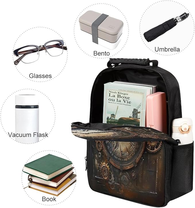Shoulder Book Bags Polyester Multipurpose Anti-Theft Vintage Steampunk Clocks Carry On Bag Large Capacity Travel Hiking Camping Rucksack