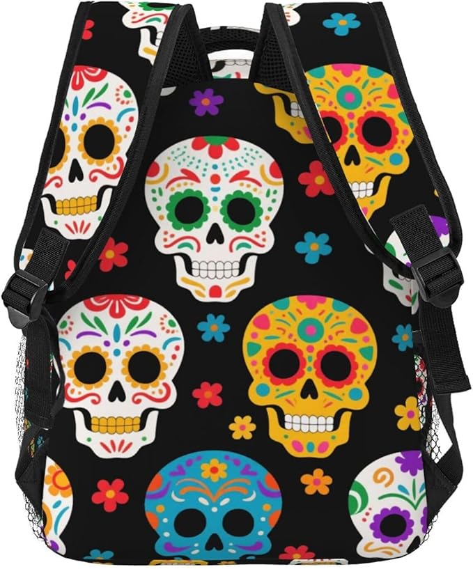 Backpack Polyester Anti-Theft Multipurpose Dead Sugar Skull Bookbag Large Capacity Laptop Book Bag Rucksack With Side Pockets