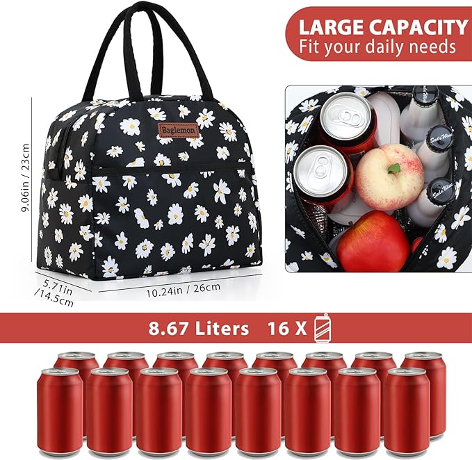 Insulated Lunch Bag for Women Men, Lunch Containers Reusable High Capacity Lunch Tote Bags for Work Picnic (Blackdaisy)