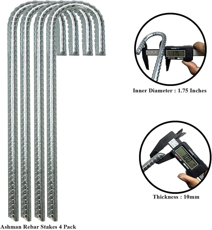 Ashman Rebar Stake Anchor 12 Inches Long (4 Pack), Ideal for Securing Animals, Tents, Canopies, Sheds, Car Ports, Swing Sets. Rust-Resistant and Made of Solid Premium Galvanized/zinc-Coated Metal.