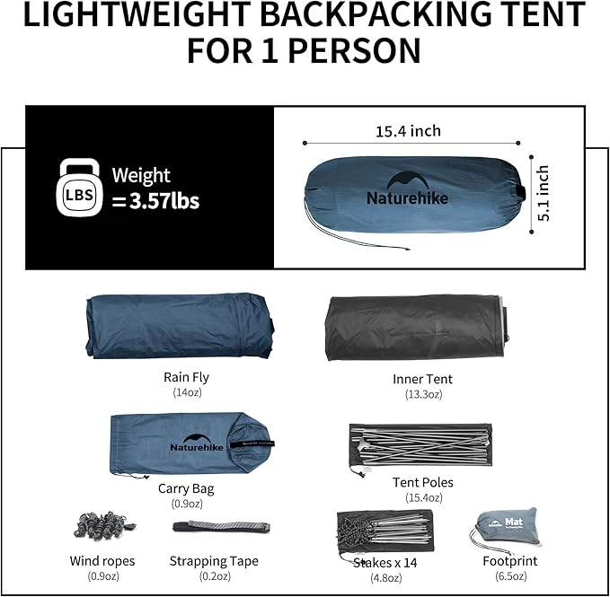 Naturehike Cloud Up 1 Person Tent, Lightweight Backpacking Tents for One Man, Waterproof Ultralight One Person Tent for Camping Hiking Backpacking