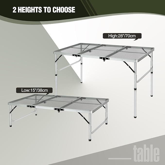 REDCAMP 48x24 Long Folding Grill Table for Outside, Lightweight Portable Metal Aluminum Outdoor Grill Table with Adjustable Height Legs, Great for Camping Picnic Cooking BBQ, Silver 4ft