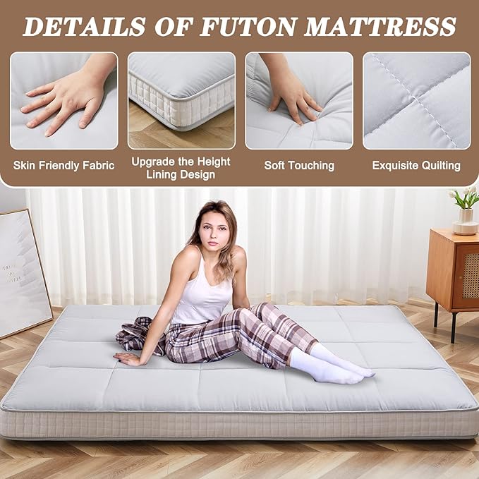 DoCred Queen Size Futon Mattress, Extra Thick Foldable Japanese Floor Mattress Memory Foam Sleeping Pad for Adults, Roll Up Mattress Tatami Mat Breathable Floor Lounger Guest Bed