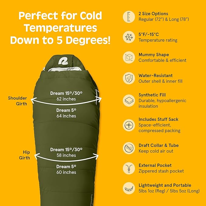 Retrospec Dream Mummy Sleeping Bag - 30°F Camping & Travel Essential Gear with Water - Resistant Shell & Synthetic Fill - Zippered Pocket & Stuff Sack