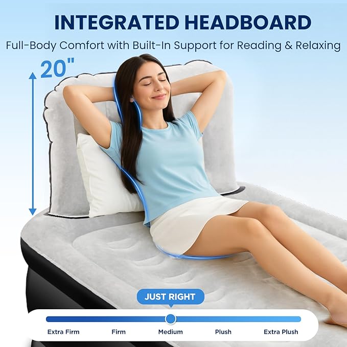 Twin Air Mattress with Headboard, Built-in Pump, 600 lbs Heavy-Duty Support, 48-Hour Leak-Tested PVC, 19" Raised Comfort Design, 2.5 Min Fast Inflation, Inflatable Mattress for Home, Guests & Camping