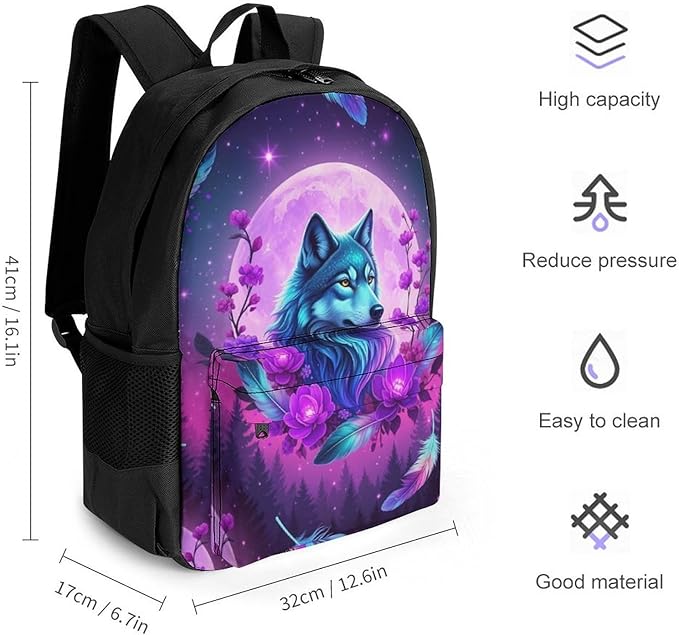 Men Women Polyester Full Moon Flower Wolf Purple Daypack Big Capacity Shoulder Bag With Smooth Zippers for Hiking Work Walking Cycling