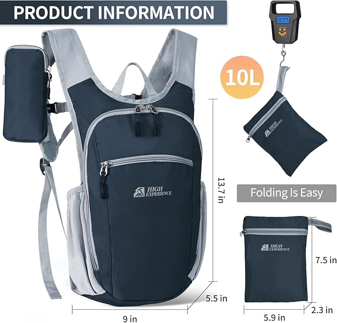 Hiking Backpack 10L/15L Small Daypack Lightweight Packable Travel Foldable Water Resistan for Women Men (Gray, 10L)
