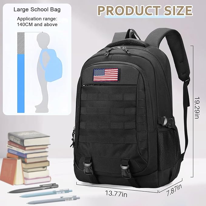 Tactical Backpack - 19'' Waterproof School Bag for Kids, 15.6" Laptop Compartment & MOLLE Webbing for Camping Hiking Travel