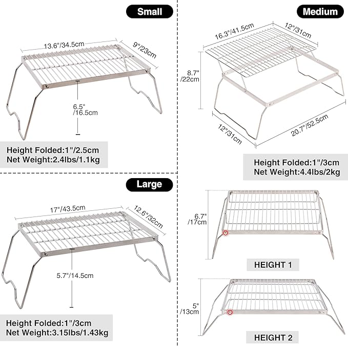 REDCAMP Folding Campfire Grill 304 Stainless Steel Grate, Adjustable Height Portable Camping Grill with Carrying Bag for Outdoor Cooking BBQ