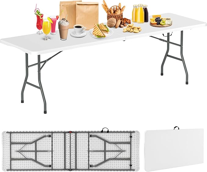 Folding Table, HDPE Portable Table with 8 ft Long Tabletop, Metal Frame Picnic Camping Table with Safe Lock, Collapsible Dining Table for Camping, Picnic, Party (White, 8 FT)